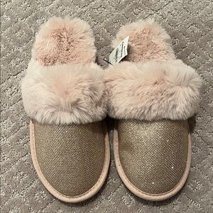 Express Glitter Slip-On Slippers with Faux Fur Trim - Blush Pink